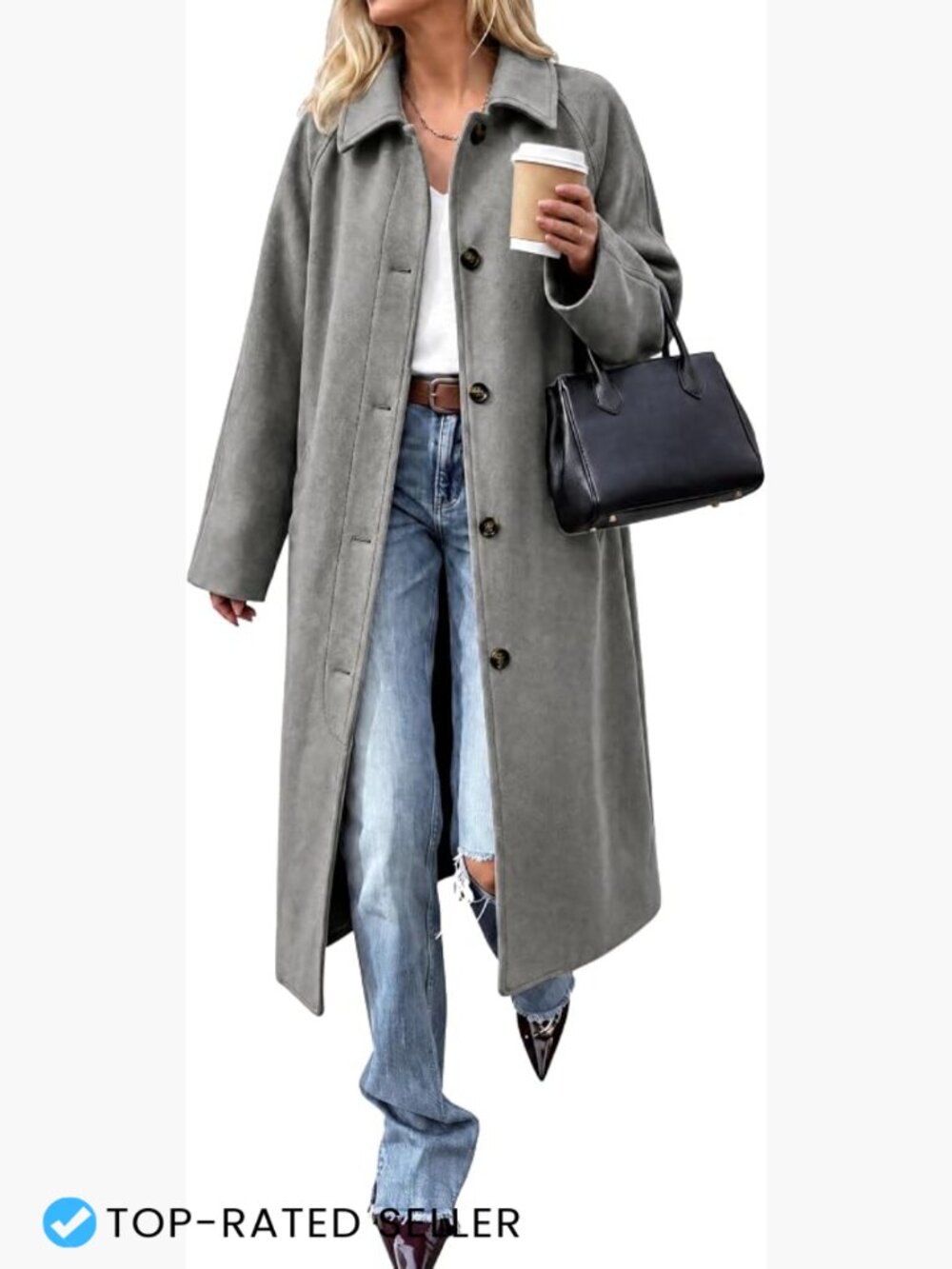 Long Single Breasted Pea Coat Oversized Lapel Warm Winter Casual Chic